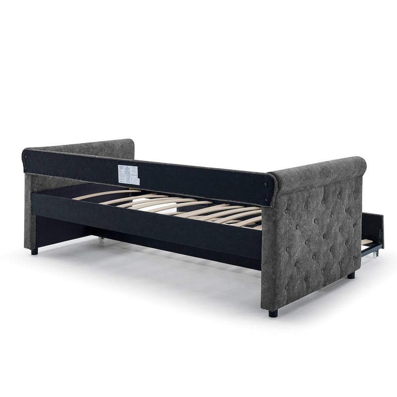 Daybed with Trundle Upholstered Tufted Sofa Bed,with Button and Copper Nail on Arms,both Twin Size,Grey(85.5"x42"x30.5") - Supfirm