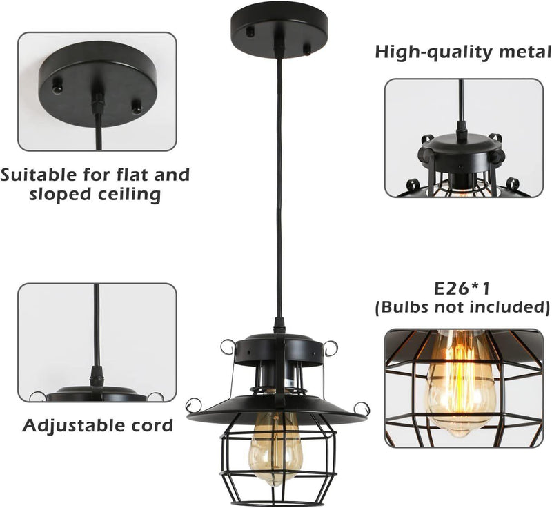 DGY Vintage Farmhouse Pendant Light Rustic Metal Caged Pendant Lights Black Cage Hanging Lamp for Kitchen Island Entryway Bedrooms Living Room Barn,Adjustable Height E26 Bulb（1 Light） - Supfirm