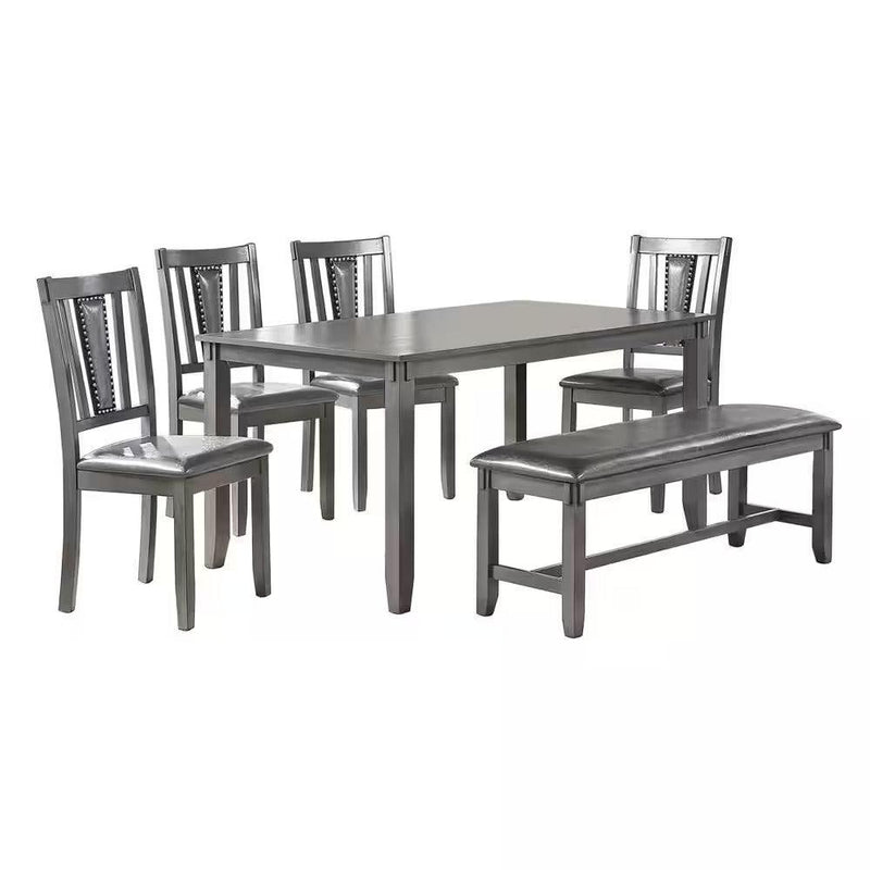 Dining Room Furniture Gray Color 6pc Set Dining Table 4x Side Chairs and A Bench Solid wood Rubberwood and veneers - Supfirm