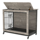 Dog Crate Furniture , 38'' Heavy Duty Wooden Dog Kennel with Double Doors & Flip-Top for Large Dogs, Furniture Style Dog Crate End Table with Wheels, Grey 38.3"L X 23.4"W X 32"H - Supfirm