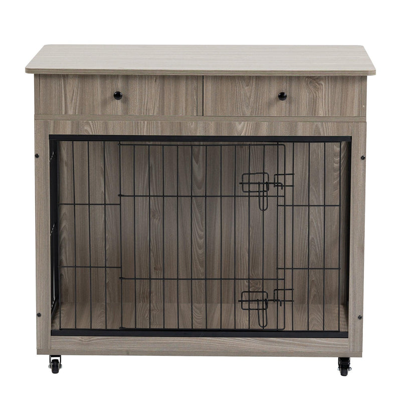 Dog Crate Furniture, Wooden Dog House, Decorative Dog Kennel with Drawer, Indoor Pet Crate End Table for Small Dog, Steel-Tube Dog Cage, Chew-Proof, Grey 31.7" L×23.2" W×33" H - Supfirm