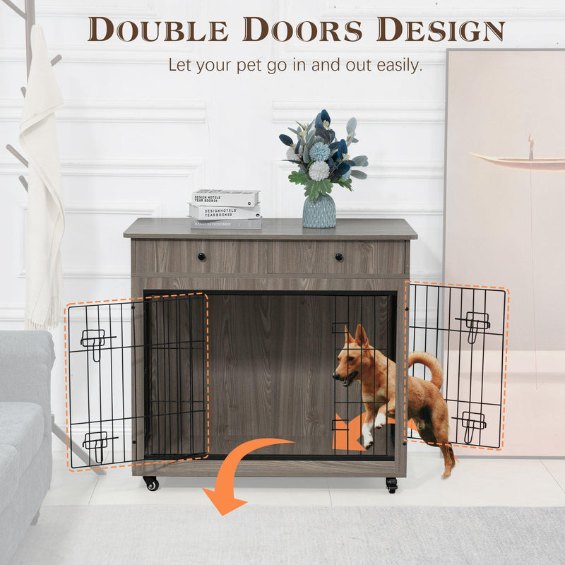 Dog Crate Furniture, Wooden Dog House, Decorative Dog Kennel with Drawer, Indoor Pet Crate End Table for Small Dog, Steel-Tube Dog Cage, Chew-Proof, Grey 31.7" L×23.2" W×33" H - Supfirm