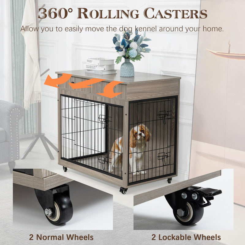 Dog Crate Furniture, Wooden Dog House, Decorative Dog Kennel with Drawer, Indoor Pet Crate End Table for Small Dog, Steel-Tube Dog Cage, Chew-Proof, Grey 31.7" L×23.2" W×33" H - Supfirm