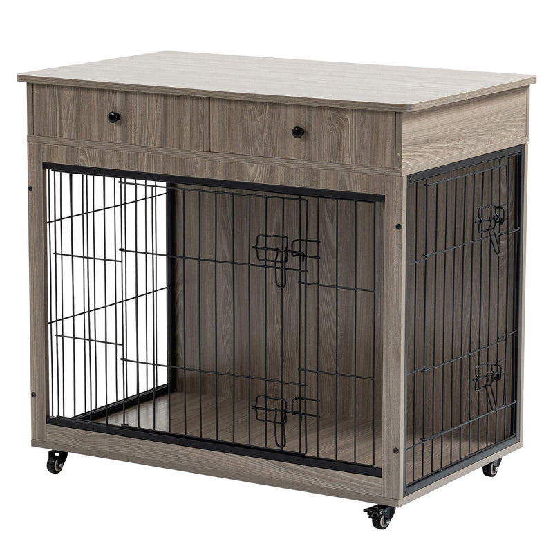 Dog Crate Furniture, Wooden Dog House, Decorative Dog Kennel with Drawer, Indoor Pet Crate End Table for Small Dog, Steel-Tube Dog Cage, Chew-Proof, Grey 31.7" L×23.2" W×33" H - Supfirm