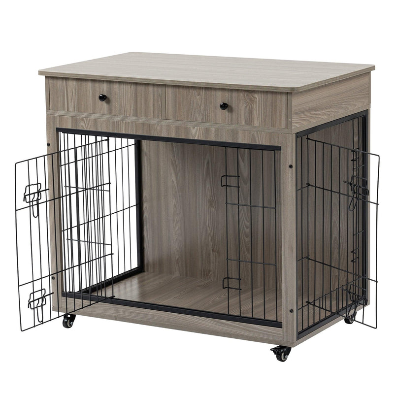 Dog Crate Furniture, Wooden Dog House, Decorative Dog Kennel with Drawer, Indoor Pet Crate End Table for Small Dog, Steel-Tube Dog Cage, Chew-Proof, Grey 31.7" L×23.2" W×33" H - Supfirm