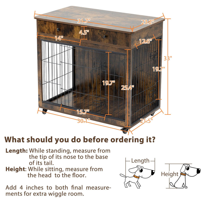 Dog Crate Furniture, Wooden Dog House, Decorative Dog Kennel with Drawer, Indoor Pet Crate End Table for Small Dog, Steel-Tube Dog Cage, Chew-Proof, Rustic Brown 31.7" L×23.2" W×33" H - Supfirm