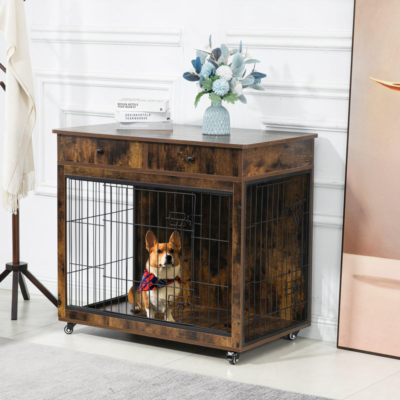 Dog Crate Furniture, Wooden Dog House, Decorative Dog Kennel with Drawer, Indoor Pet Crate End Table for Small Dog, Steel-Tube Dog Cage, Chew-Proof, Rustic Brown 31.7" L×23.2" W×33" H - Supfirm