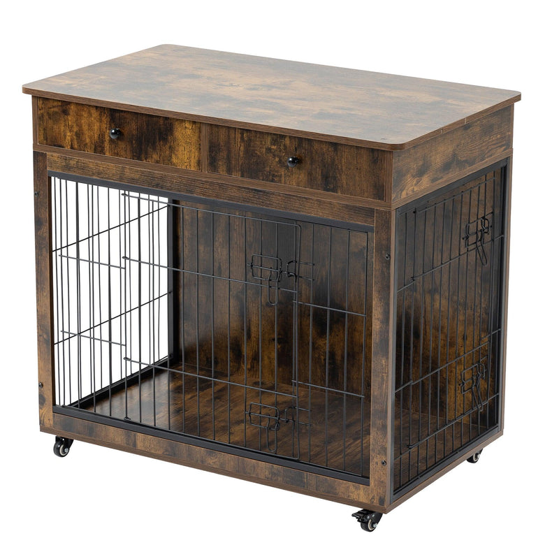 Dog Crate Furniture, Wooden Dog House, Decorative Dog Kennel with Drawer, Indoor Pet Crate End Table for Small Dog, Steel-Tube Dog Cage, Chew-Proof, Rustic Brown 31.7" L×23.2" W×33" H - Supfirm