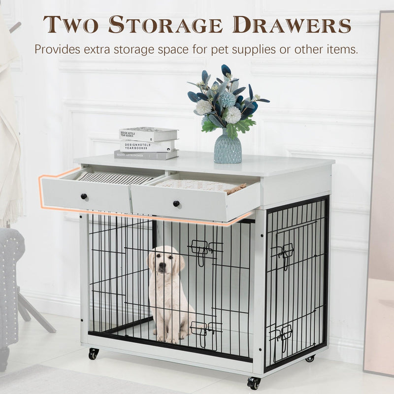 Dog Crate Furniture, Wooden Dog House, Decorative Dog Kennel with Drawer, Indoor Pet Crate End Table for Small Dog, Steel-Tube Dog Cage, Chew-Proof, White 31.7" L×23.2" W×33" H - Supfirm