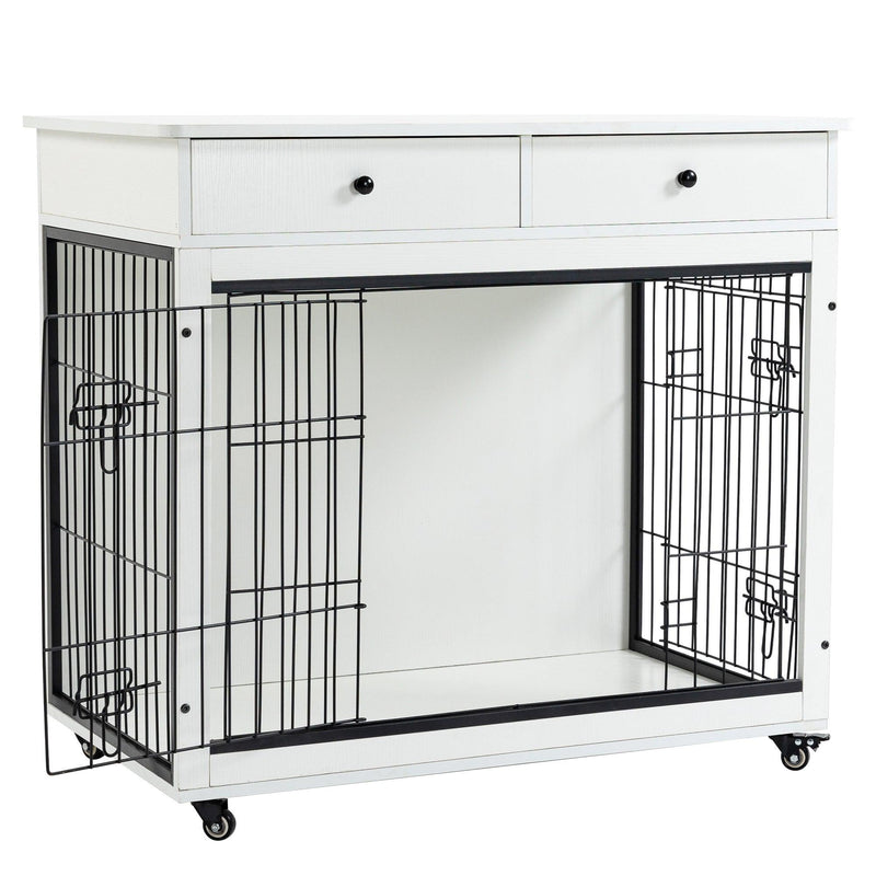 Dog Crate Furniture, Wooden Dog House, Decorative Dog Kennel with Drawer, Indoor Pet Crate End Table for Small Dog, Steel-Tube Dog Cage, Chew-Proof, White 31.7" L×23.2" W×33" H - Supfirm