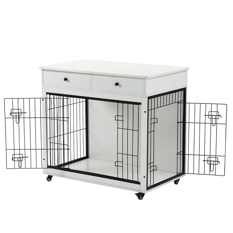 Dog Crate Furniture, Wooden Dog House, Decorative Dog Kennel with Drawer, Indoor Pet Crate End Table for Small Dog, Steel-Tube Dog Cage, Chew-Proof, White 31.7" L×23.2" W×33" H - Supfirm