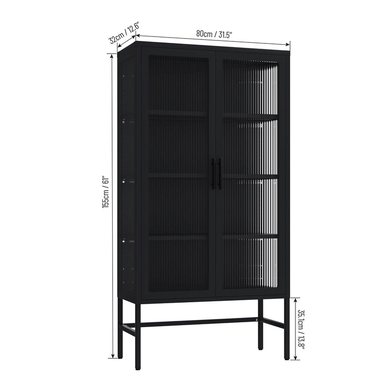 Double Glass Door Storage Cabinet with Adjustable Shelves and Feet Cold-Rolled Steel Sideboard Furniture for Living Room Kitchen BLACK - Supfirm