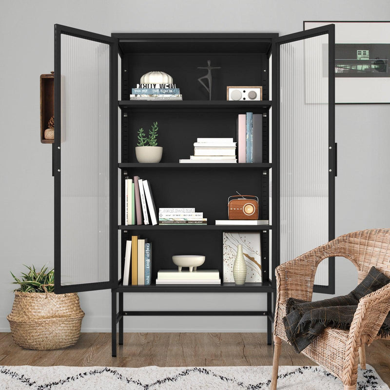 Double Glass Door Storage Cabinet with Adjustable Shelves and Feet Cold-Rolled Steel Sideboard Furniture for Living Room Kitchen BLACK - Supfirm