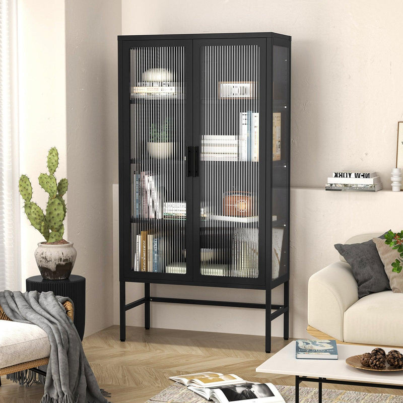 Double Glass Door Storage Cabinet with Adjustable Shelves and Feet Cold-Rolled Steel Sideboard Furniture for Living Room Kitchen BLACK - Supfirm