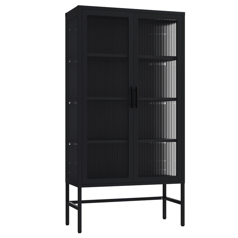 Double Glass Door Storage Cabinet with Adjustable Shelves and Feet Cold-Rolled Steel Sideboard Furniture for Living Room Kitchen BLACK - Supfirm