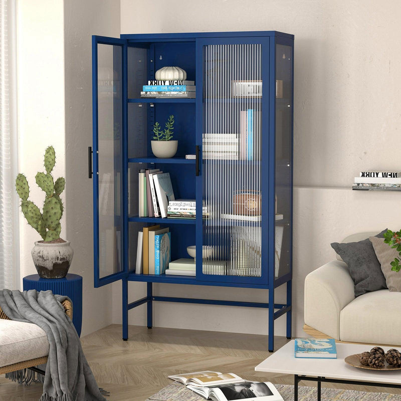 Double Glass Door Storage Cabinet with Adjustable Shelves and Feet Cold-Rolled Steel Sideboard Furniture for Living Room Kitchen BLUE - Supfirm