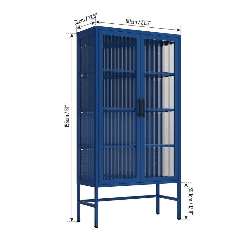 Double Glass Door Storage Cabinet with Adjustable Shelves and Feet Cold-Rolled Steel Sideboard Furniture for Living Room Kitchen BLUE - Supfirm