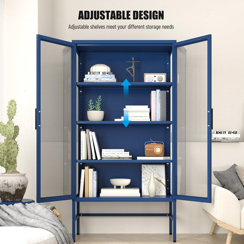 Double Glass Door Storage Cabinet with Adjustable Shelves and Feet Cold-Rolled Steel Sideboard Furniture for Living Room Kitchen BLUE - Supfirm