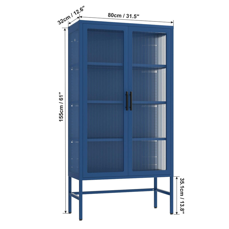 Double Glass Door Storage Cabinet with Adjustable Shelves and Feet Cold-Rolled Steel Sideboard Furniture for Living Room Kitchen BLUE - Supfirm