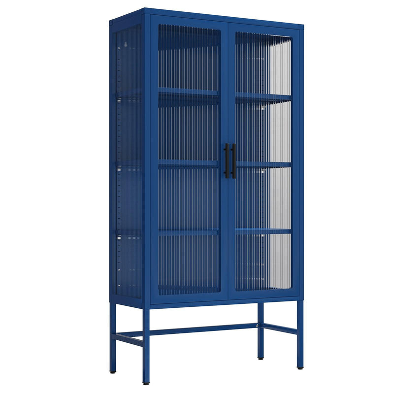 Double Glass Door Storage Cabinet with Adjustable Shelves and Feet Cold-Rolled Steel Sideboard Furniture for Living Room Kitchen BLUE - Supfirm