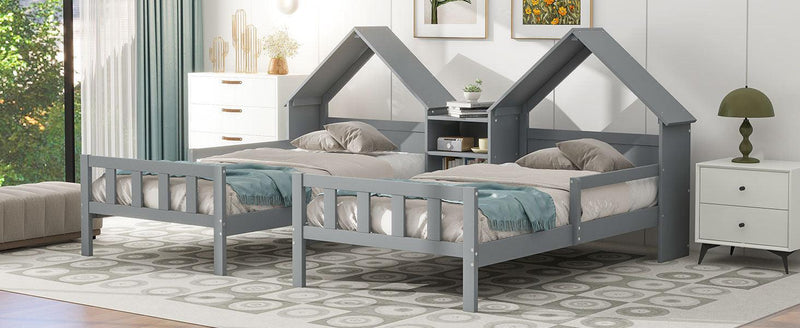 Double Twin Size Platform Bed with House-shaped Headboard and a Built-in Nightstand, Grey - Supfirm