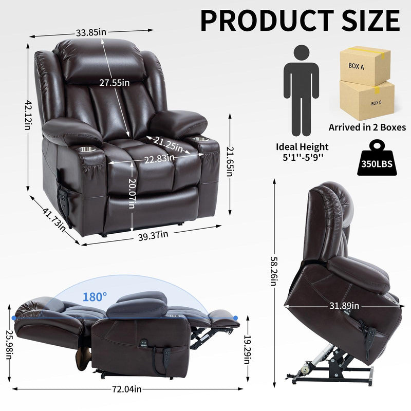 Dual Motor Infinite Position Up to 350 LBS Leatheraire Power Lift Recliner Chair, Heavy Duty Motion Mechanism with 8-Point Vibration Massage and Lumbar Heating, Stainless steel Cup Holders, Brown - Supfirm