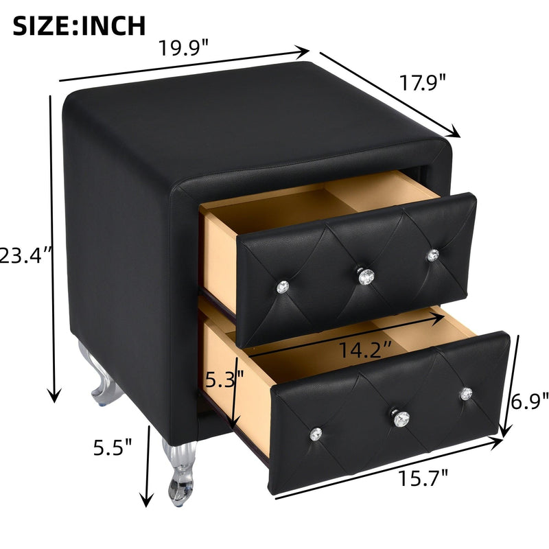 Elegant PU Nightstand with 2 Drawers and Crystal Handle,Fully Assembled Except Legs&Handles,Storage Bedside Table with Metal Legs - Black - Supfirm