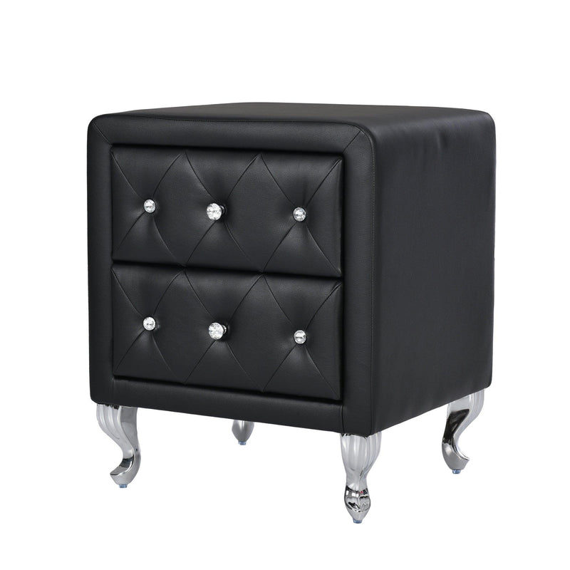 Elegant PU Nightstand with 2 Drawers and Crystal Handle,Fully Assembled Except Legs&Handles,Storage Bedside Table with Metal Legs - Black - Supfirm