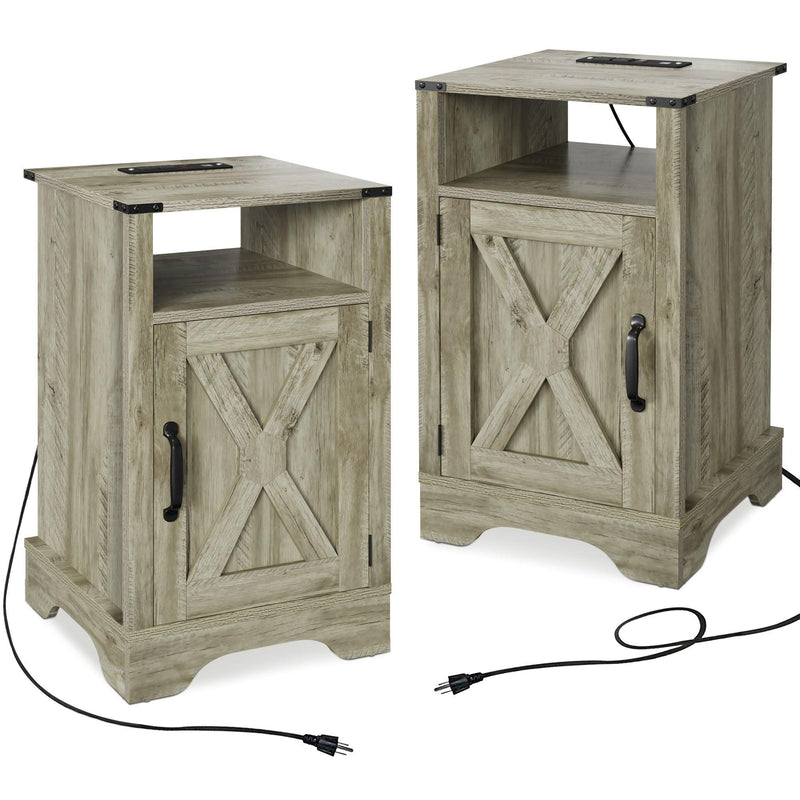 Farmhouse Nightstand Side Table, Wooden Rustic End Table, Tall Bedside Table with Electrical Outlets Charging Station (2 Sets) - Light Gray - Supfirm