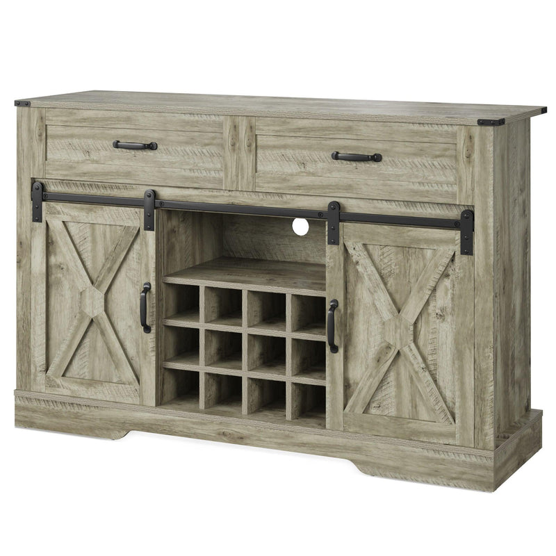 Farmhouse Storage Sideboard Buffet Coffee Bar Cabinet with Sliding Barn Door, 3 Drawers, Wine and Glass Rack - Light Gray - Supfirm