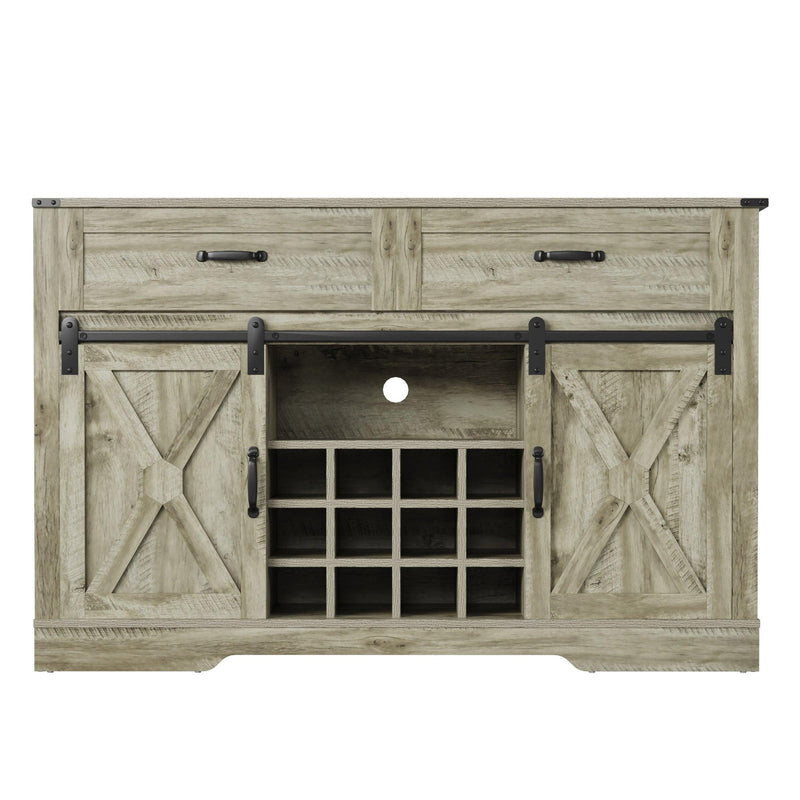 Farmhouse Storage Sideboard Buffet Coffee Bar Cabinet with Sliding Barn Door, 3 Drawers, Wine and Glass Rack - Light Gray - Supfirm