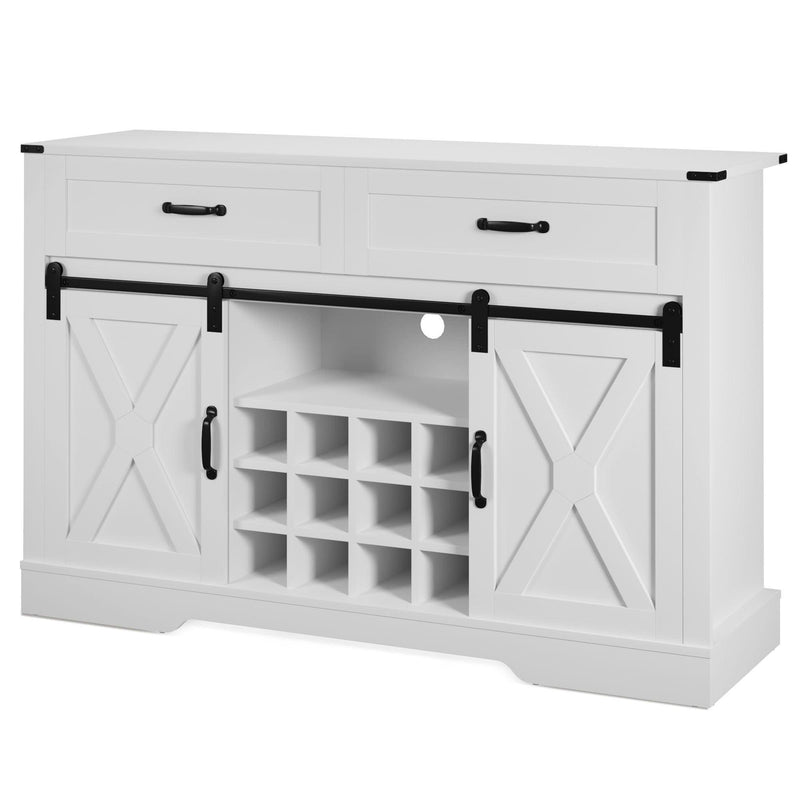 Farmhouse Storage Sideboard Buffet Coffee Bar Cabinet with Sliding Barn Door, 3 Drawers, Wine Cubbies and Glass Rack - White - Supfirm