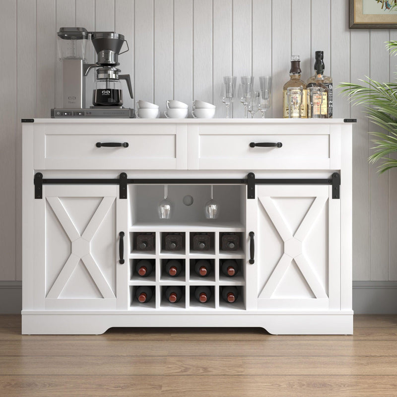 Farmhouse Storage Sideboard Buffet Coffee Bar Cabinet with Sliding Barn Door, 3 Drawers, Wine Cubbies and Glass Rack - White - Supfirm