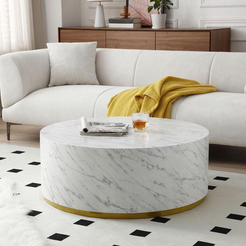 Faux Marble Coffee Tables for Living Room, 35.43inch Accent Tea Tables with Gold Metal Base(White) - Supfirm