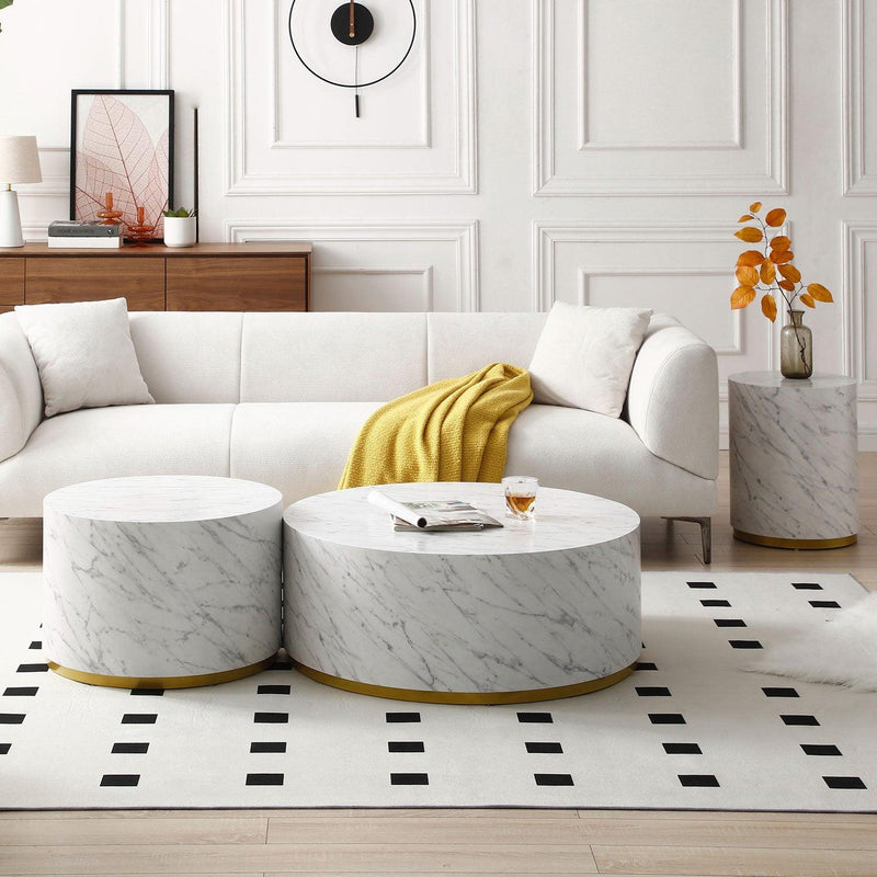 Faux Marble Coffee Tables for Living Room, 35.43inch Accent Tea Tables with Gold Metal Base(White) - Supfirm