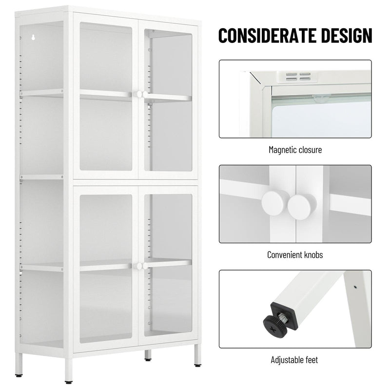 Four Glass Door Storage Cabinet with Adjustable Shelves and Feet Cold-Rolled Steel Sideboard Furniture for Living Room Kitchen White - Supfirm