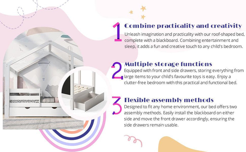 Full House Bed with Blackboard and Drawers, Two assembly options, White - Supfirm