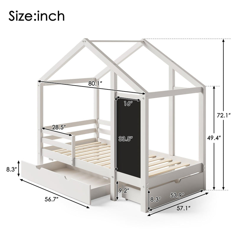 Full House Bed with Blackboard and Drawers, Two assembly options, White - Supfirm