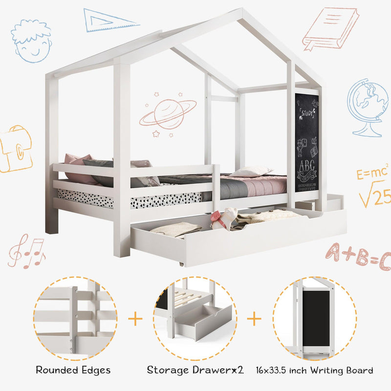 Full House Bed with Blackboard and Drawers, Two assembly options, White - Supfirm