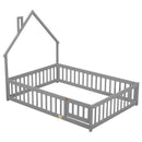 Full House-Shaped Headboard Floor Bed with Fence ,Grey - Supfirm