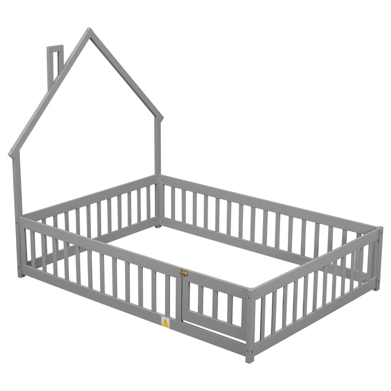 Full House-Shaped Headboard Floor Bed with Fence ,Grey - Supfirm