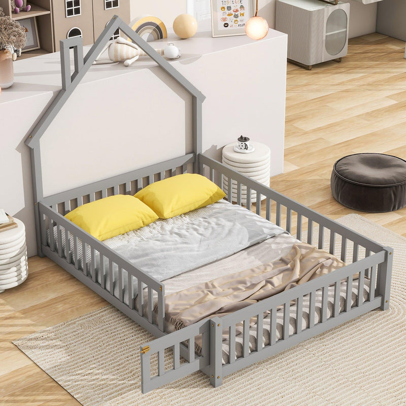 Full House-Shaped Headboard Floor Bed with Fence ,Grey - Supfirm