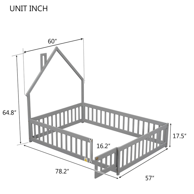 Full House-Shaped Headboard Floor Bed with Fence ,Grey - Supfirm