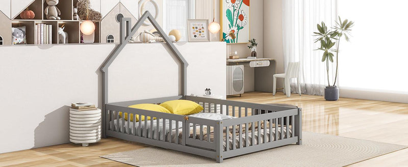 Full House-Shaped Headboard Floor Bed with Fence ,Grey - Supfirm