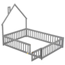 Full House-Shaped Headboard Floor Bed with Fence ,Grey - Supfirm