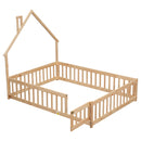 Full House-Shaped Headboard Floor Bed with Fence,Natural - Supfirm