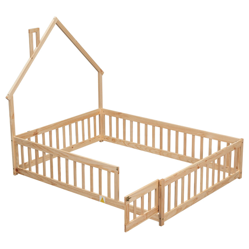 Full House-Shaped Headboard Floor Bed with Fence,Natural - Supfirm