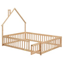 Full House-Shaped Headboard Floor Bed with Fence,Natural - Supfirm