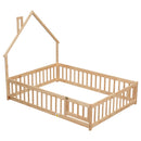 Full House-Shaped Headboard Floor Bed with Fence,Natural - Supfirm