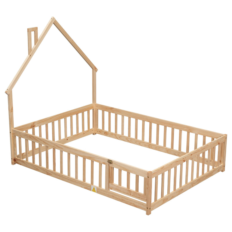 Full House-Shaped Headboard Floor Bed with Fence,Natural - Supfirm